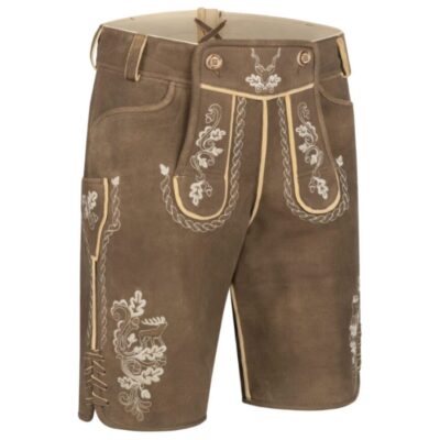 Front-right view of Chestnut Bavarian German shorts with traditional belt and creamy floral accents