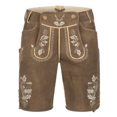 Full frontal view of Chestnut Bavarian lederhosen in rich chestnut leather with