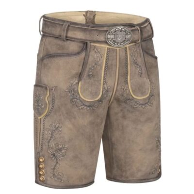 Front-right view of Chestnut Crest lederhosen featuring ornamental stitching and cream piping