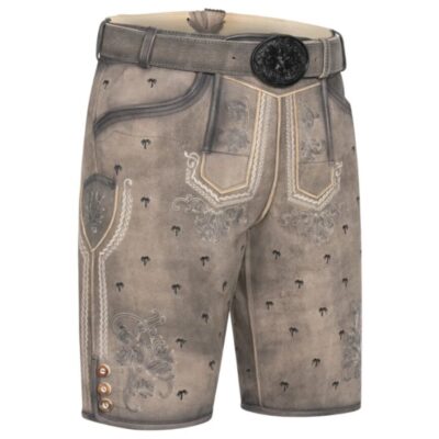 Front-right view of Dusky Highlands lederhosen highlighting vine embroidery and Bavarian pattern work