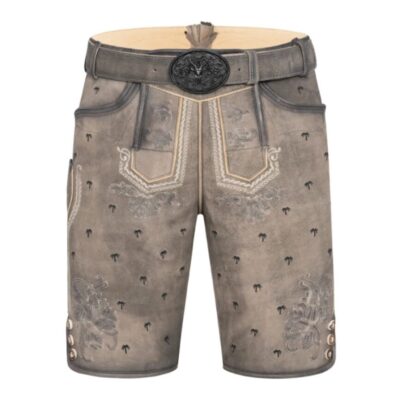 Full frontal view of Dusky Highlands traditional German shorts featuring cream embroidery and dark belt buckle