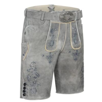 Front-right view of Edelstein Grey Bavarian shorts with light blue floral motifs and ivory piping