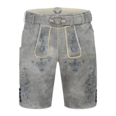 Full frontal view of Edelstein Grey lederhosen with engraved silver belt buckle and detailed embroidery across both legs