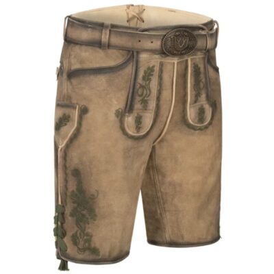 Front-right angle of Forest Grove lederhosen featuring authentic embroidery and forest green piping