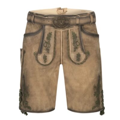Full frontal view of Forest Grove leather shorts with oak embroidery, green piping, and brass-accented belt
