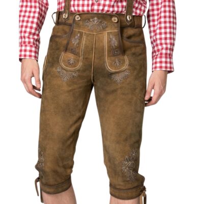 Front view of traditional light brown Bavarian bundhosen featuring a drop-front flap with white embroidery, floral motifs on the thighs, and rustic leather suspenders.