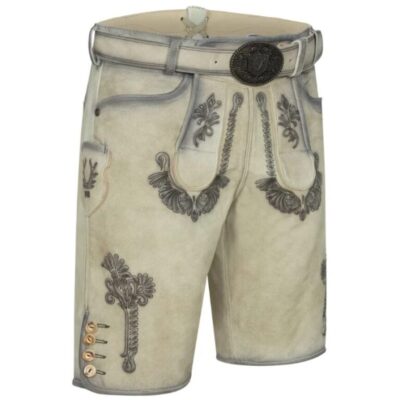 Front-right angle of Frost Peak lederhosen with traditional oak leaf embroidery and buttoned leg cuff
