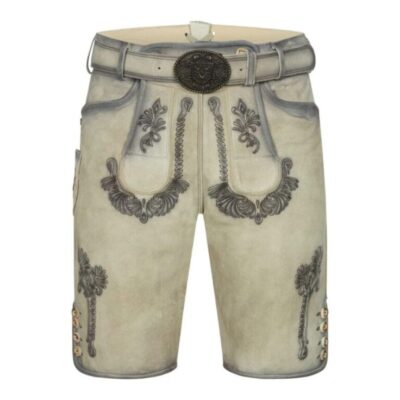 Full frontal view of Frost Peak lederhosen in antique ivory suede featuring ornate embroidery and horn buttons
