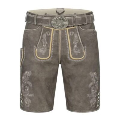 Full frontal view of Glacier Stone lederhosen with detailed belt buckle, rustic embroidery, and traditional flap design