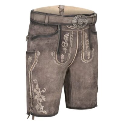 Front-right view of Goldenroot traditional leather shorts featuring deer motif embroidery and side stitching