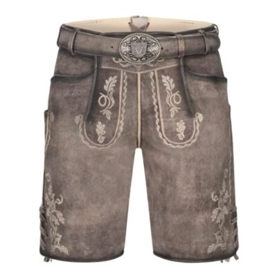 Full frontal view of Goldenroot Lederhosen in vintage brown with engraved belt buckle and floral stitch patterns