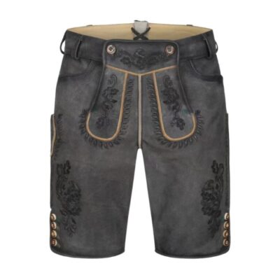 Full front view of Midnight Alpine lederhosen with intricate embroidery, flap accents, and decorative horn-style buttons