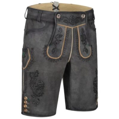 Front-right angle of Midnight Alpine traditional Bavarian shorts showing cream