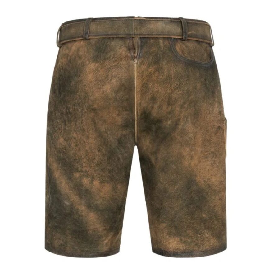 Back view of Mountain Spirit lederhosen in antique brown finish with clean rear panel and belt loops