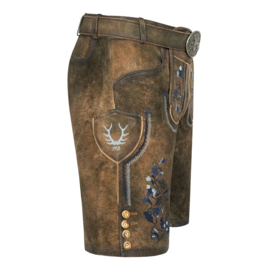 Right-side view of Mountain Spirit lederhosen with blue floral embroidery and