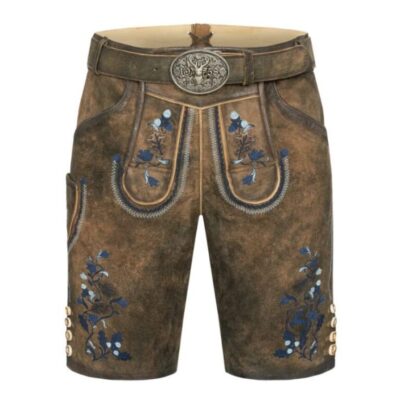 Full front view of Mountain Spirit lederhosen showcasing symmetrical floral embroidery and traditional flap accents