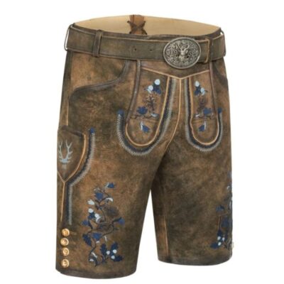Front-right angle of Mountain Spirit Bavarian shorts featuring detailed stitching, silver buckle, and blue alpine motifs