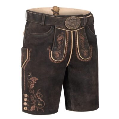 Front-right angle of Oakwood Ember Bavarian shorts highlighting antique brass buttons and oakleaf designs