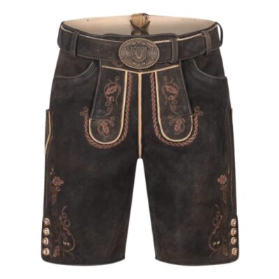 Full front view of Oakwood Ember lederhosen showcasing vine embroidery, horn-style buttons, and engraved belt buckle