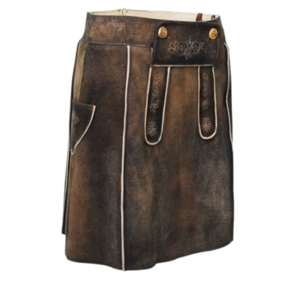 Side angle of a Bavarian suede skirt featuring white piping and traditional embroidery on flap-style decorative suspenders