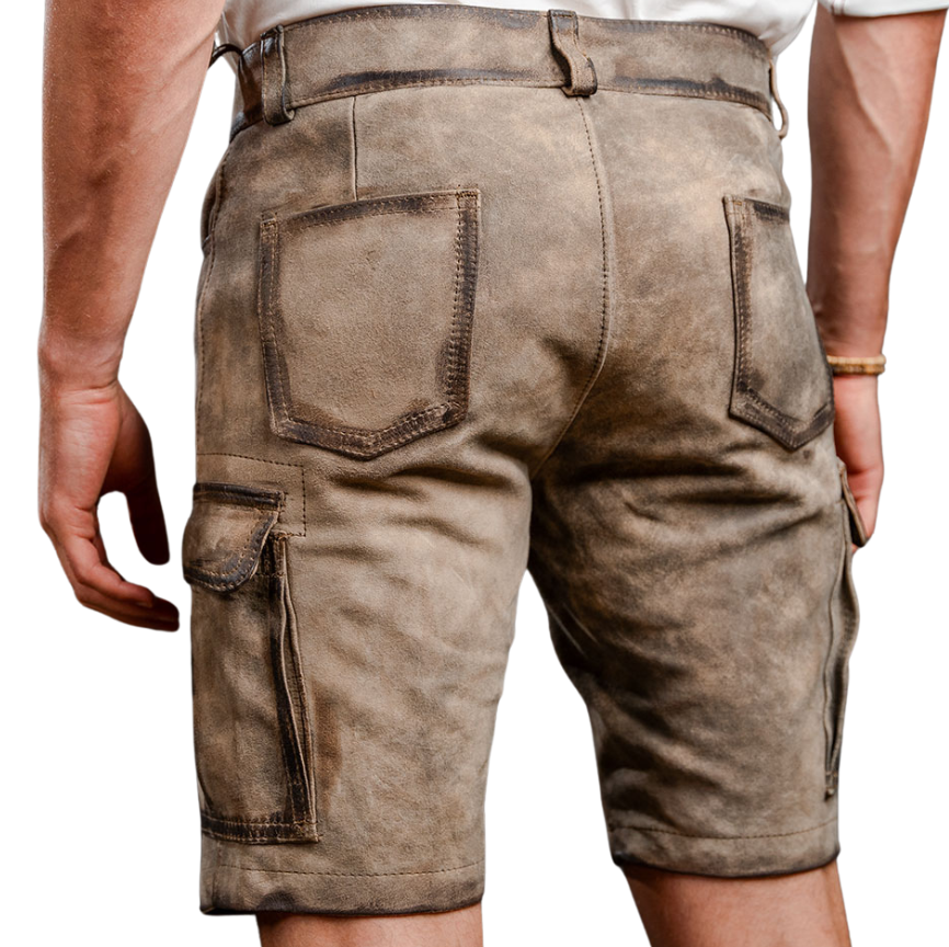 Back view of rustic brown knee-length leather cargo shorts featuring dual patch pockets, side cargo pocket with flap, and wide belt loops.