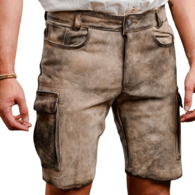 Front view of rustic brown leather cargo shorts showcasing a rugged texture, belt loops, angled front pockets, and flap-closure cargo pockets on both thighs.