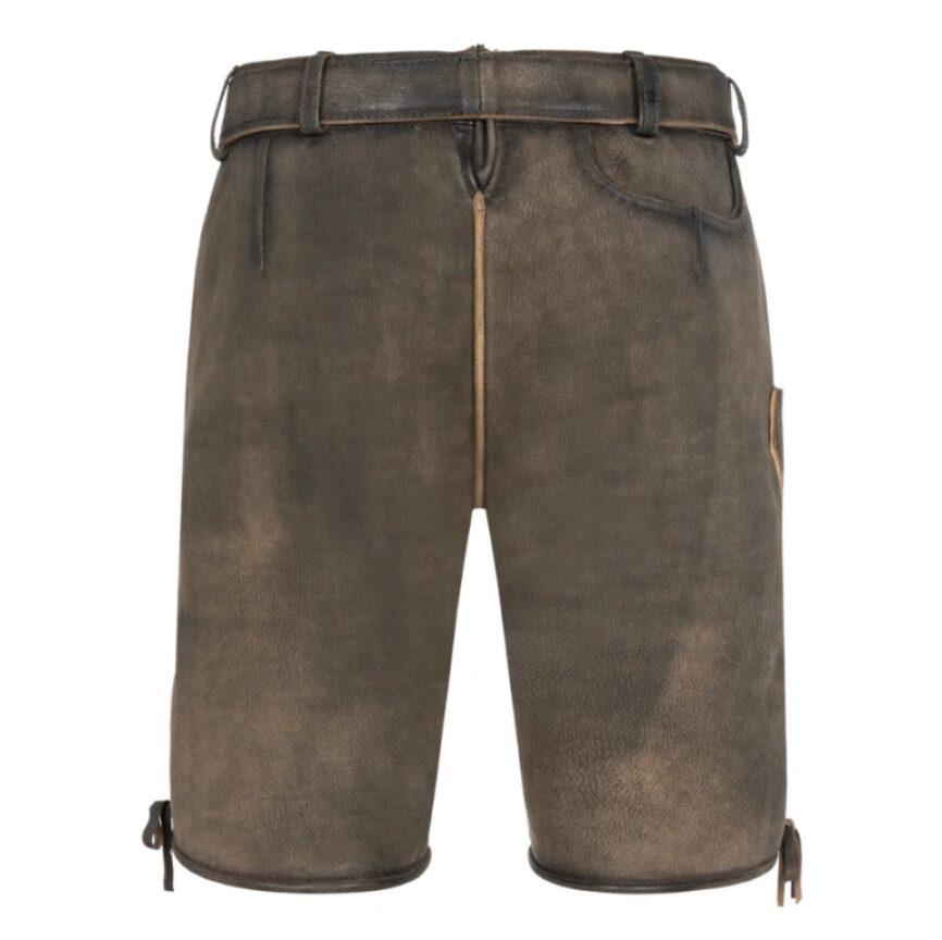 Back view of Rustic Hunter Bavarian shorts with drawstring closure and plain antique leather texture