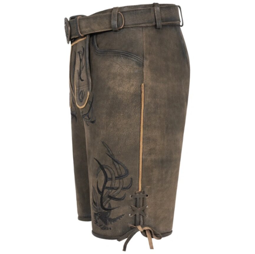 Left-side profile of Rustic Hunter suede shorts with laced hem and black antler motif detailing