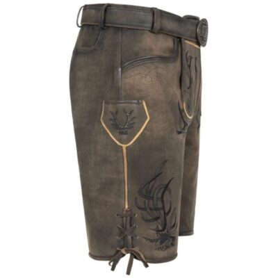Right-side angle of Rustic Hunter leather shorts with flap-pocket antler stitch and brown suede finish