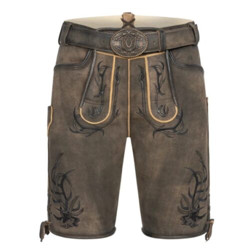 rustic-hunter-full-front-view.webp Full front view of Rustic Hunter lederhosen with bold antler embroidery and golden piping on vintage brown suede
