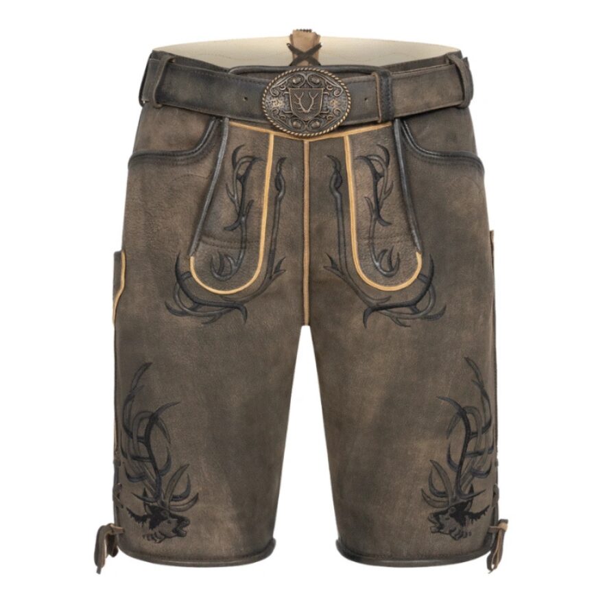 Full front view of Rustic Hunter lederhosen with bold antler embroidery and golden piping on vintage brown suede