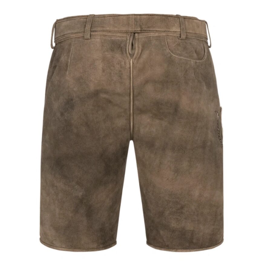 Back view of Rustic Oak lederhosen with clean suede finish and no embroidery, belt loops visible