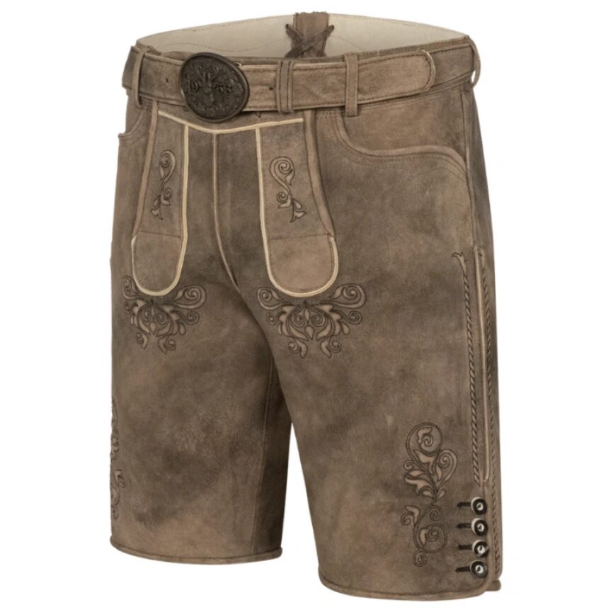Front-left angle of Rustic Oak Bavarian shorts showcasing stitched side pocket and ornate floral motifs