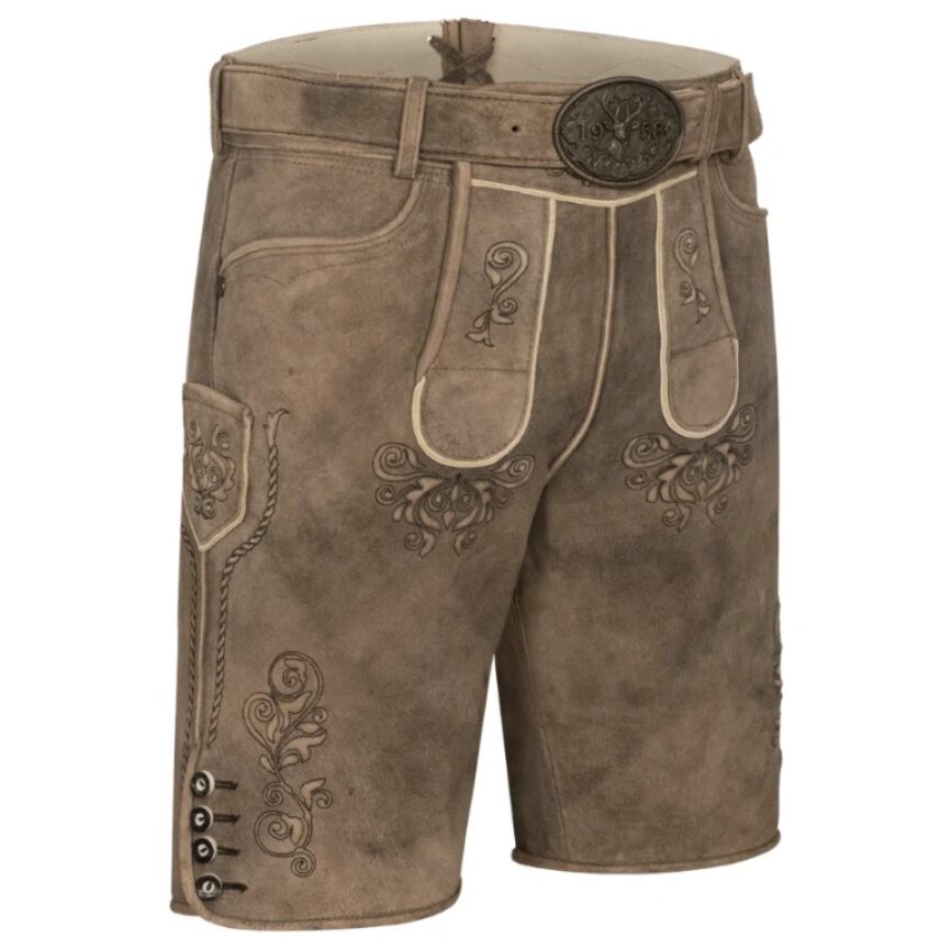 Front-right view of Rustic Oak traditional German lederhosen in beige suede with belt and decorative panels