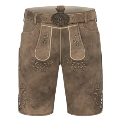 Full front view of Rustic Oak lederhosen with creamy tan suede and swirling embroidery around flap and legs