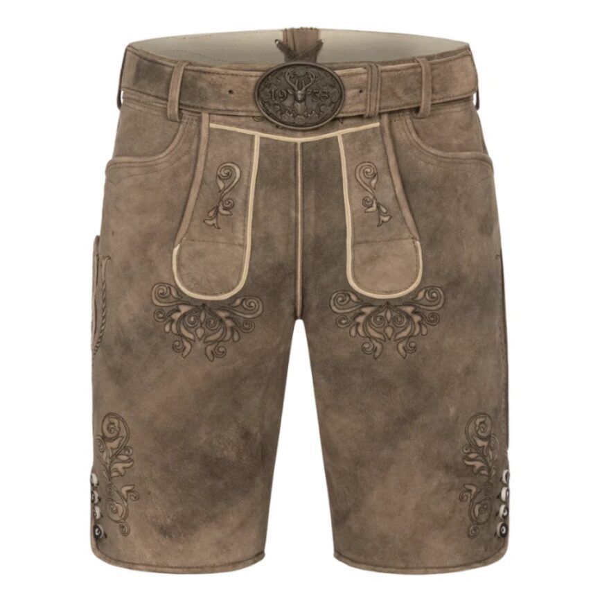Full front view of Rustic Oak lederhosen with creamy tan suede and swirling embroidery around flap and legs