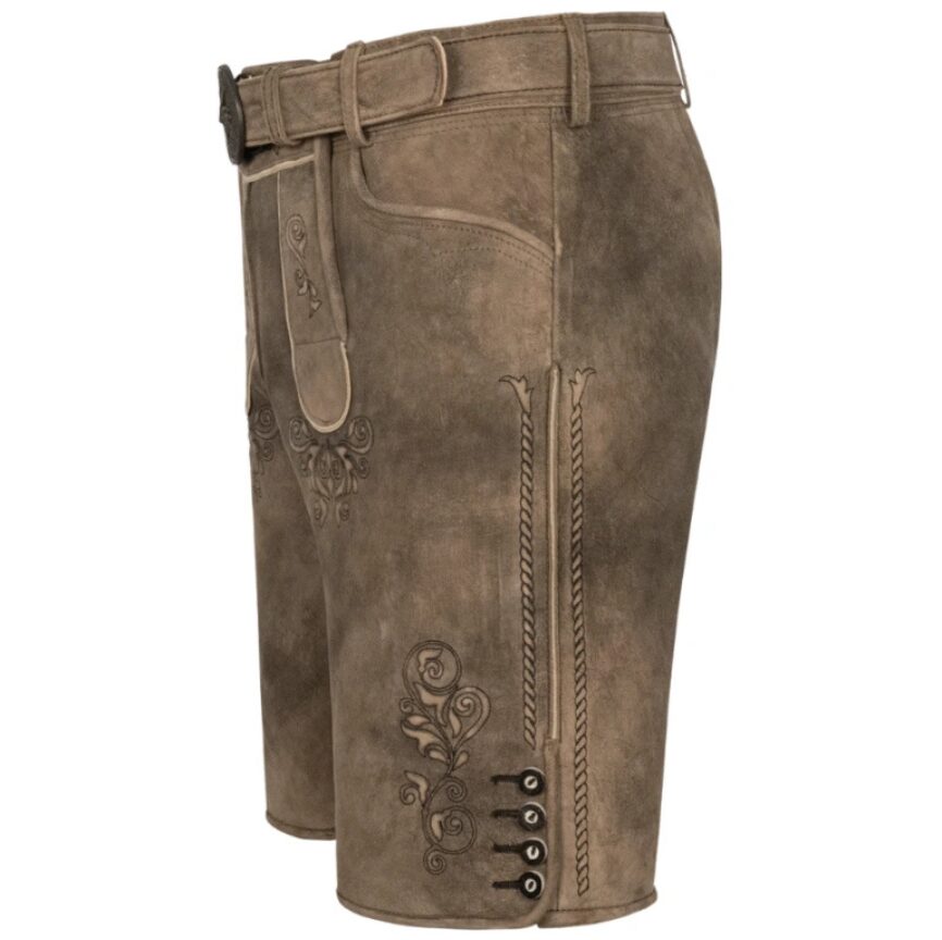 Left-side profile of Rustic Oak Oktoberfest shorts with cream piping and twisted rope