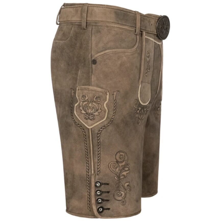 Right-side view of Rustic Oak leather shorts with vertical piping and embroidered oak leaves down the thigh
