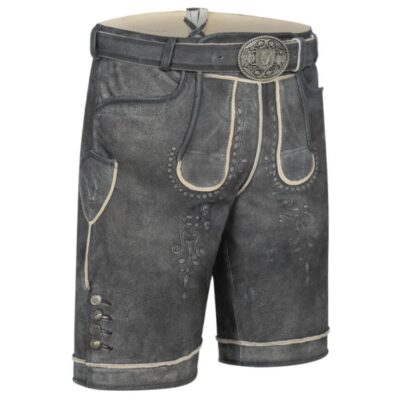 Front-right view of Shadow Ridge suede shorts highlighting ivory piping and minimalist embroidery