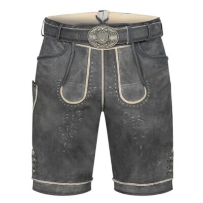 Front view of Shadow Ridge lederhosen with subtle embroidery and cream piping on cool slate-grey suede