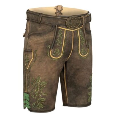 Front-right angle of Steinberg Lederhosen with vine-accented flap and detailed thigh stitching