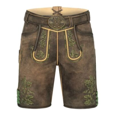 Full front view of Steinberg Lederhosen featuring oakleaf embroidery, horn-style buttons, and traditional flap design