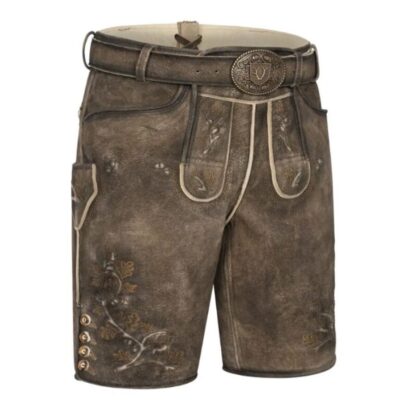 Right-side view of Steinwald Brown embroidered lederhosen shorts with detailed flap pocket and ivory contrast trim