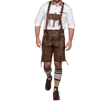 Man in full Bavarian lederhosen outfit with green embroidery, suspenders, white shirt, and knee socks, showcasing a traditional festive look.