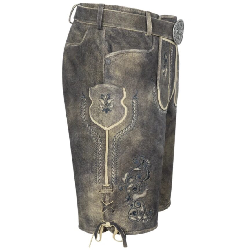 Right-side profile of Twilight Crest German shorts highlighting the side embroidery, belt detail, and panel stitching