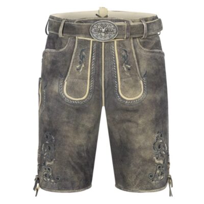 Front view of Twilight Crest lederhosen featuring cool-toned suede, cream piping, and classic floral embroidery on the flap
