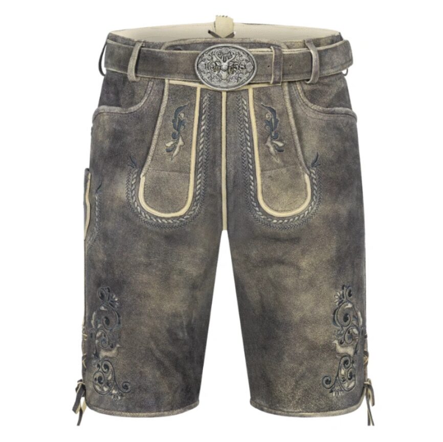 Front view of Twilight Crest lederhosen featuring cool-toned suede, cream piping, and classic floral embroidery on the flap