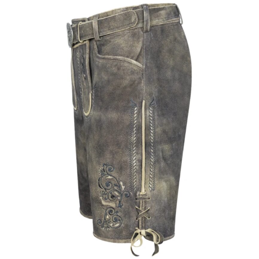 Left-side view of Twilight Crest lederhosen with deep navy embroidery, traditional rope seams, and rustic finish