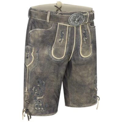 Front-right angle of Twilight Crest Bavarian leather shorts showing curved piping and antique-style belt buckle