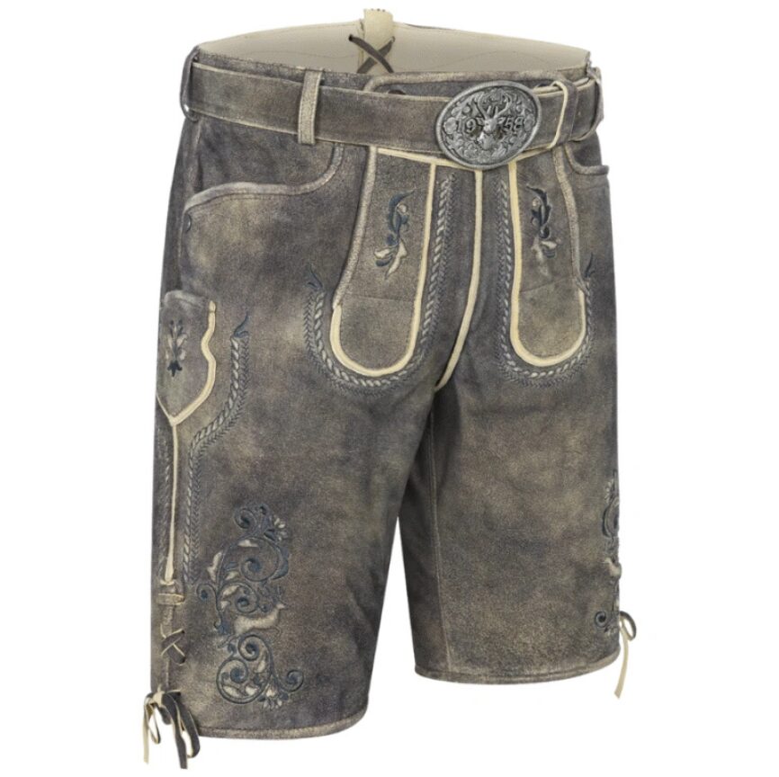 Front-right angle of Twilight Crest Bavarian leather shorts showing curved piping and antique-style belt buckle
